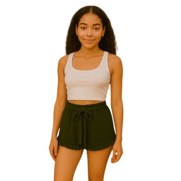Derek Heart Small Green Ruffle Hem Shorts Waist Tie Belt Casual Boho Summer Chic - Picture 8 of 8